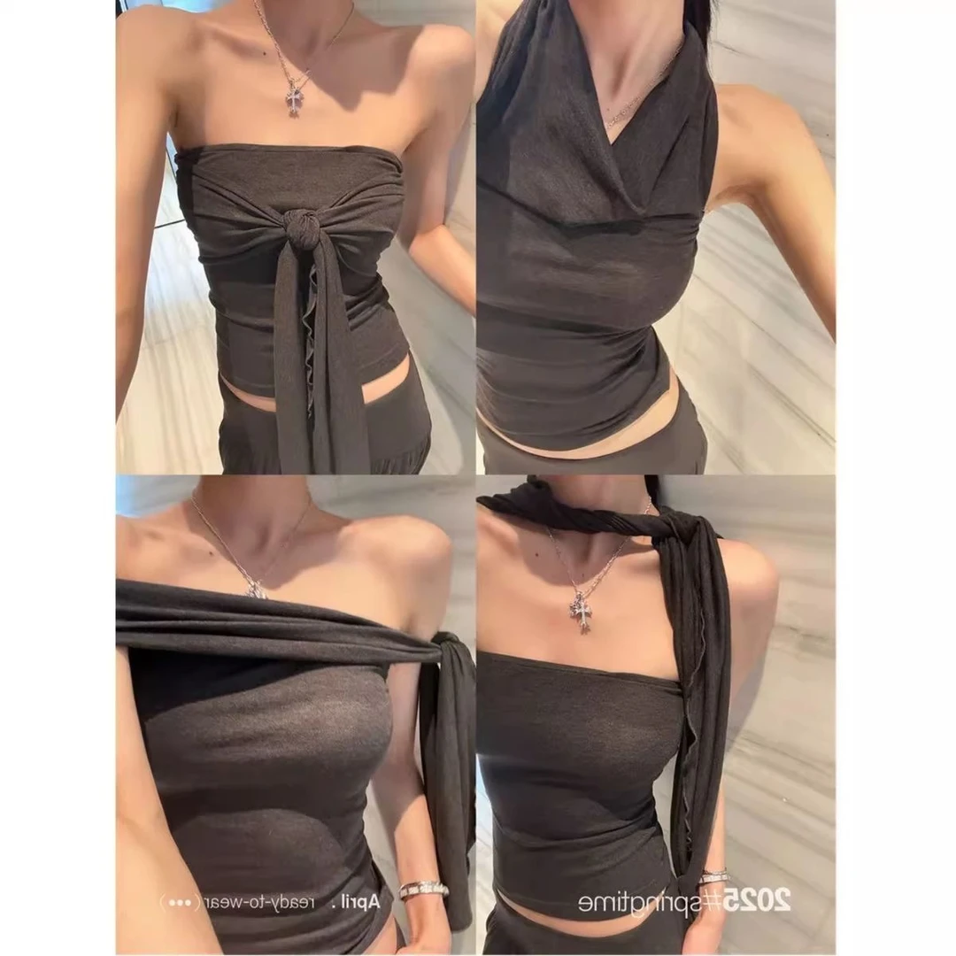 灰色绑带一字肩抹胸上衣  高腰a字长裙半身裙  两件套