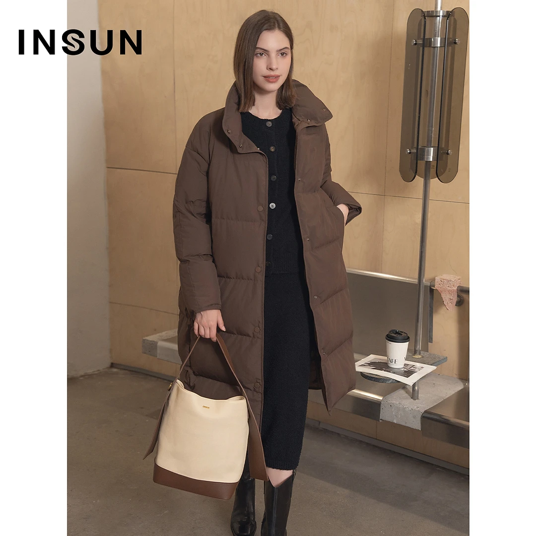 INSUN恩裳专选冬季立领雅丹风直身长款鹅绒羽绒服