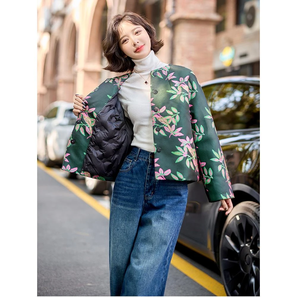 DUCURNO新中式提花羽绒服女2026年冬季新款时尚碎花宽松保暖外套