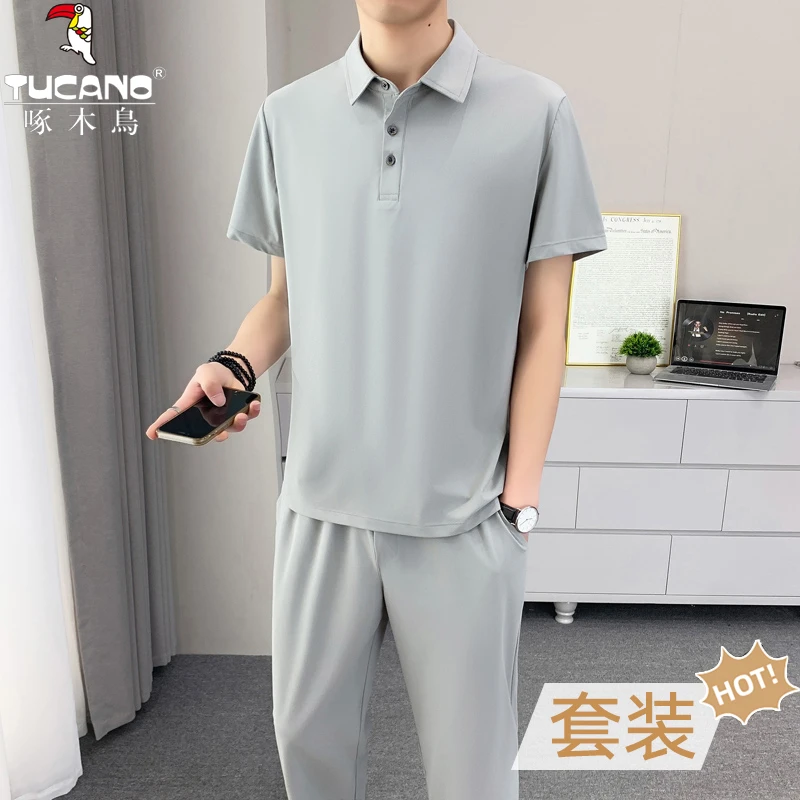 TUCANO/啄木鳥夏季休闲商务纯色翻领POLO衫短袖长裤套装透气薄款T