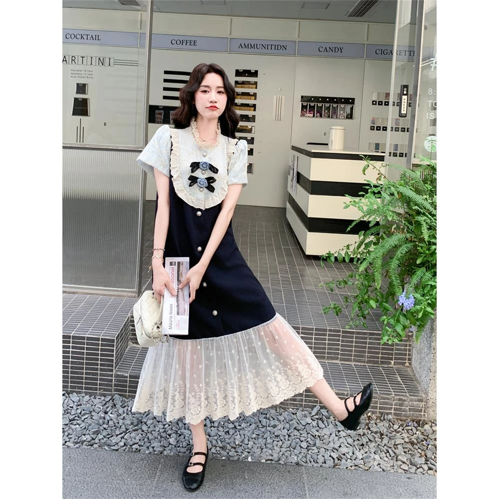 法式名媛千金小香风连衣裙夏气质学院减龄设计感复古假两件拼接裙