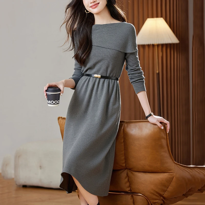 a字版型连衣裙秋冬气质高级感针织连衣裙秋冬配大衣的毛衣裙长款
