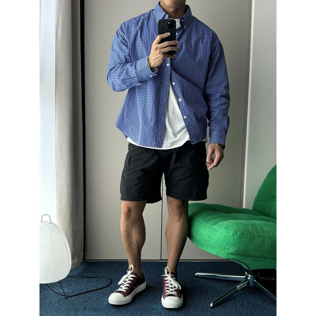 蓝色格子衬衫男长袖夏季美式复古痞帅高级感宽松百搭休闲格纹衬衣