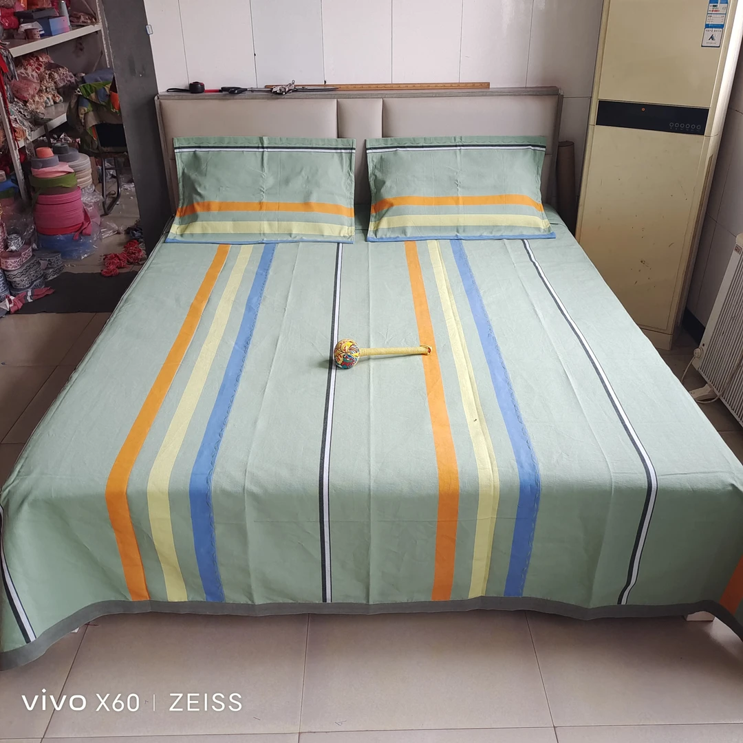 纯棉纯手工粗布床单三件套枕套绿色