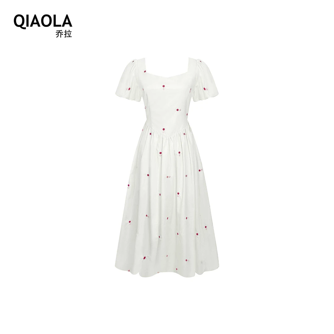 QIAOLA/乔拉【心上蔷薇】夏款梭织立体刺绣方领压褶减龄连衣裙预售