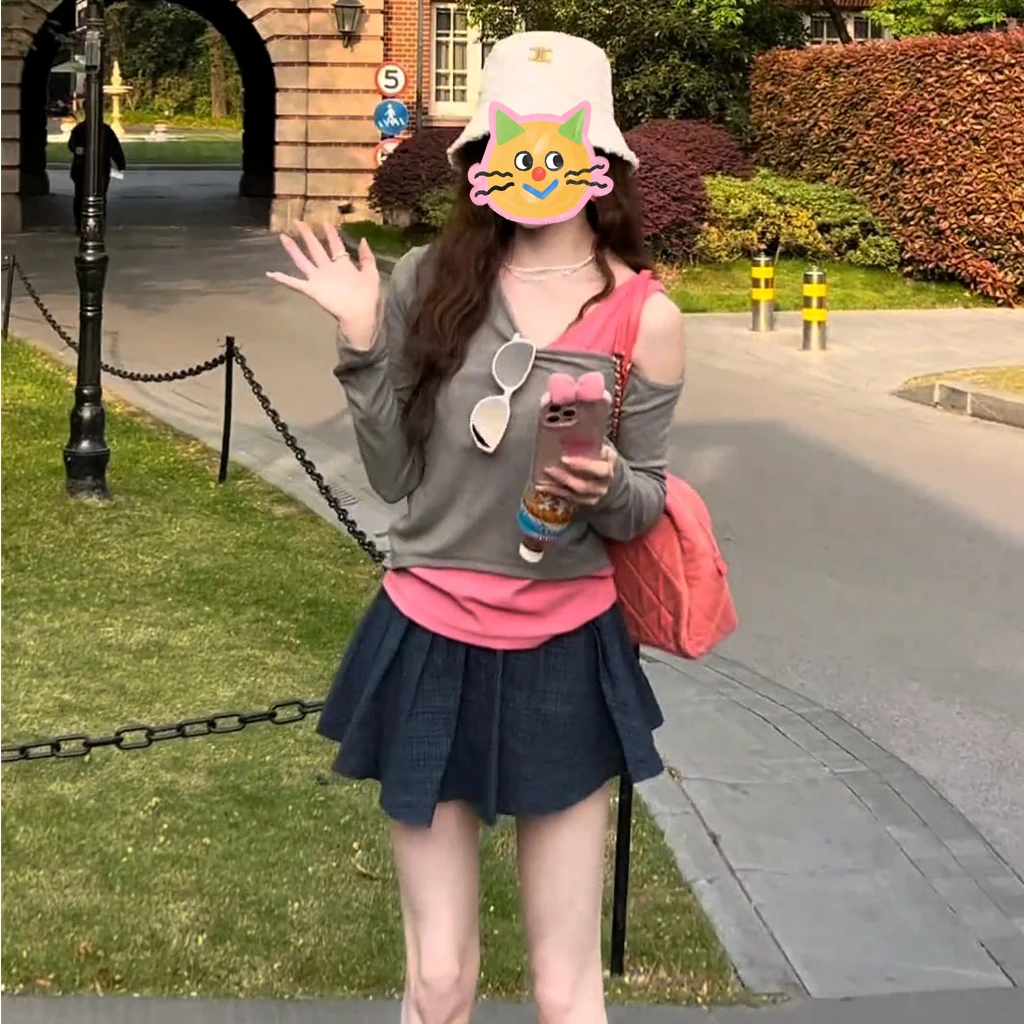 【极简穿搭】韩版时尚设计感拼色假两件长袖上衣+蓝色格纹半裙套装