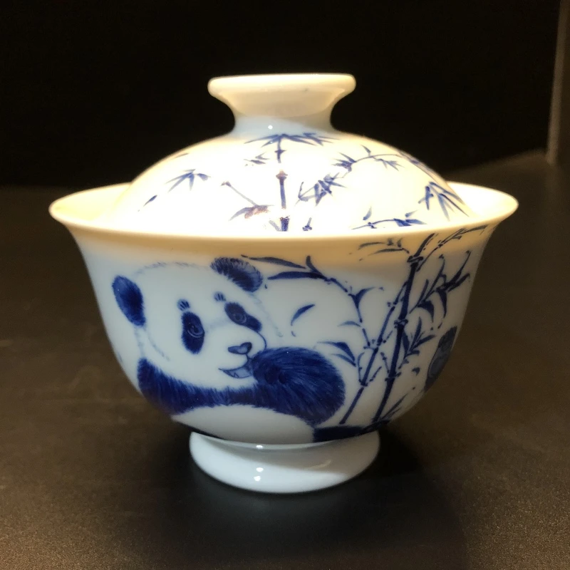 12.22/N200360/00863/青花熊猫二才盖碗/口径9.3/高8.4/125cc