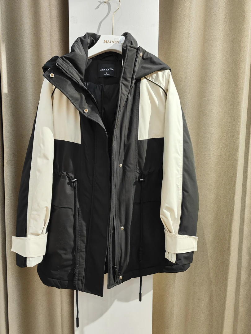 麦寻专柜中长版外套90绒保暖时尚休闲拼接拼色连帽女士加厚