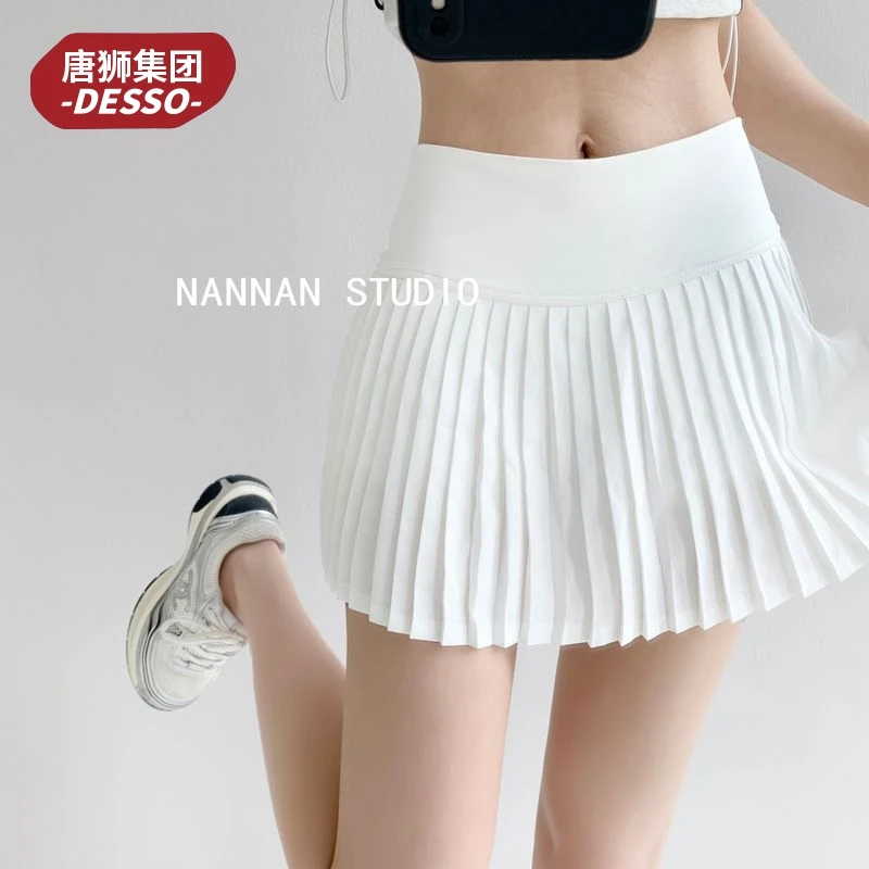 唐狮集团DESSO白色高腰短裙女显瘦百褶A字裙训练跑步网球裙瑜伽裤