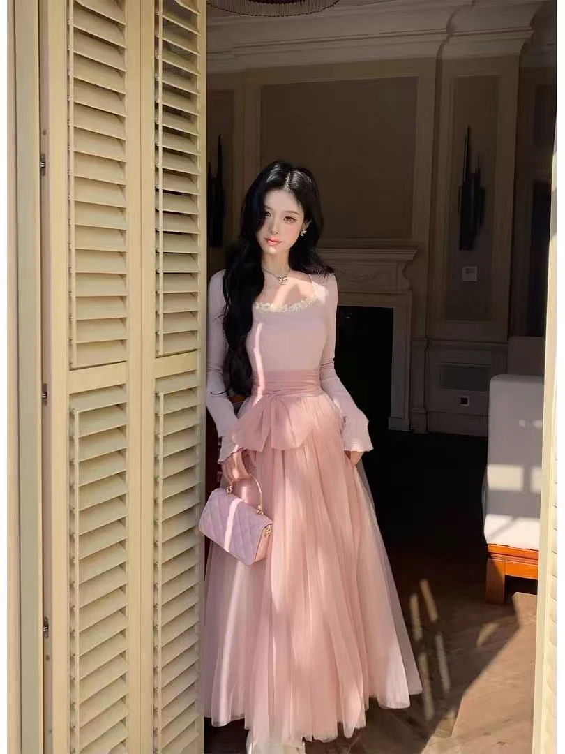 大码胖mm甜美少女网纱拼接连衣裙女蝴蝶结绑带收腰显瘦减龄仙女裙