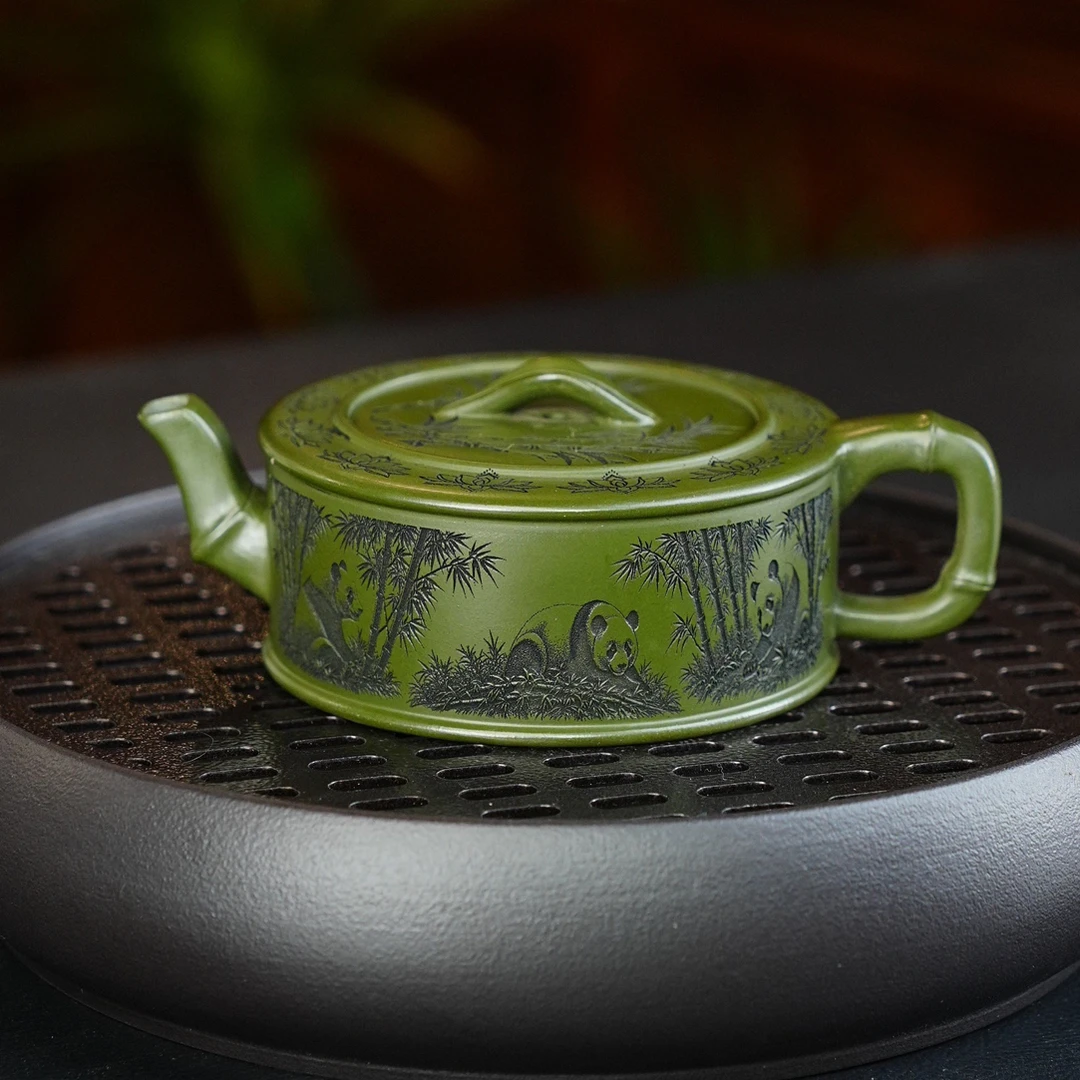 078 宜兴原矿紫砂绿泥全手工刻绘熊猫节节高升紫砂壶紫砂茶具茶杯