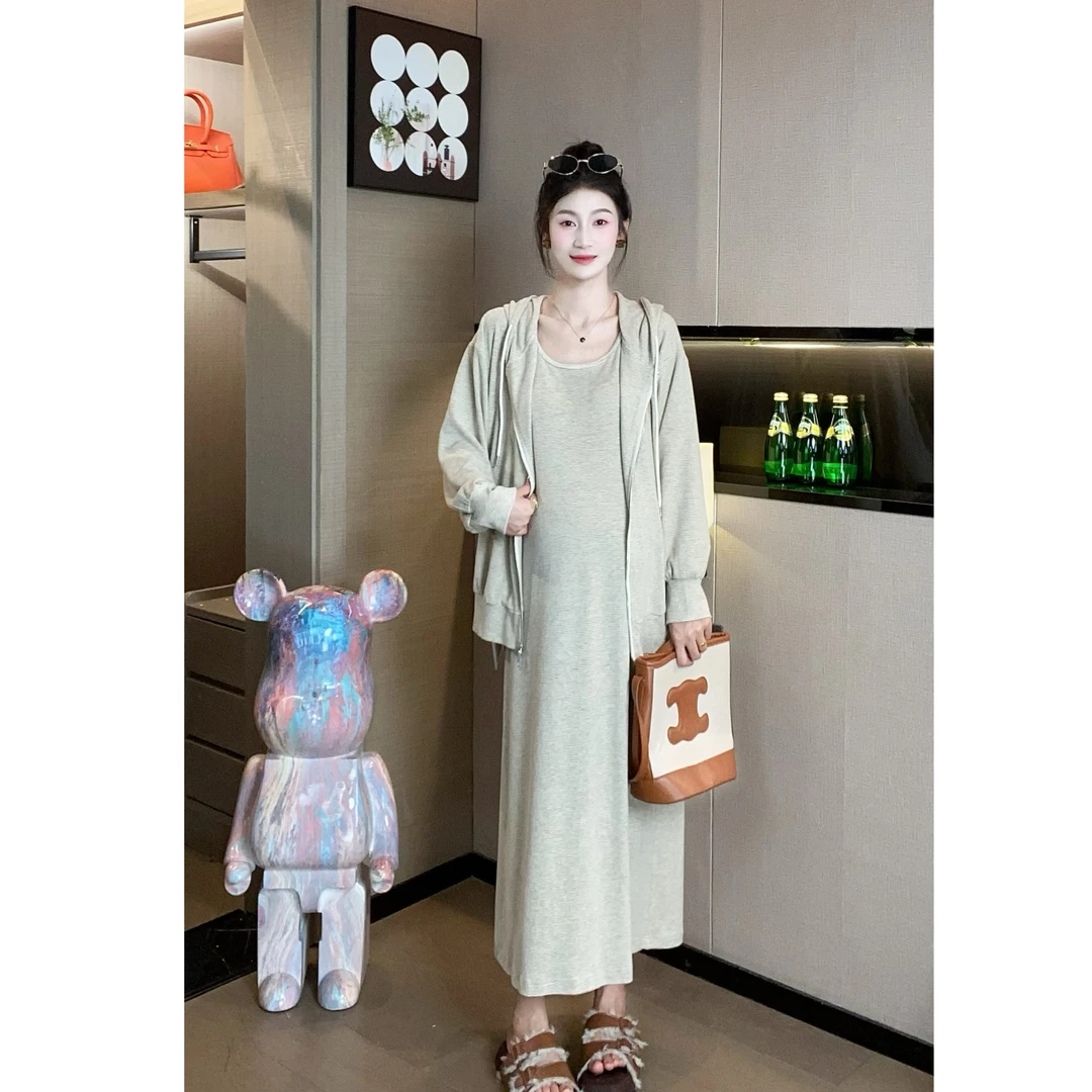 孕妇春秋季休闲长袖连帽卫衣外套+吊带连衣裙套装57443