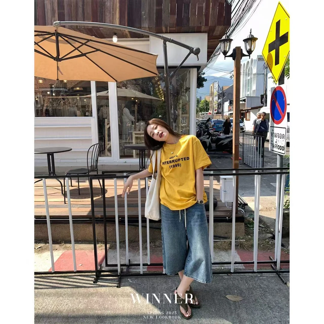 韩版设计感假两件松紧腰中裤6603 松紧腰