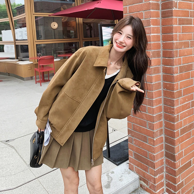 麂皮绒外套女2025秋季新款美拉德复古设计感炸街休闲工装夹克上衣