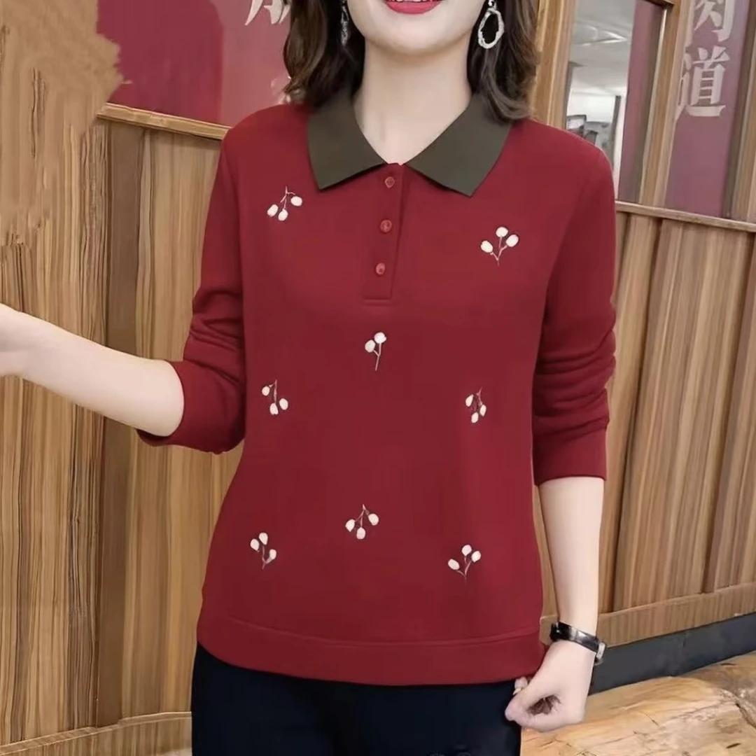 薄款洋气翻领时尚长袖宽松减龄显瘦休闲绣花百搭气质女士上衣