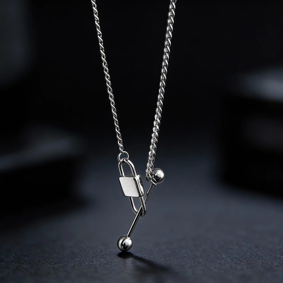 钛钢项链 潮酷个性小众锁头平衡球项链女秋冬毛衣链7071