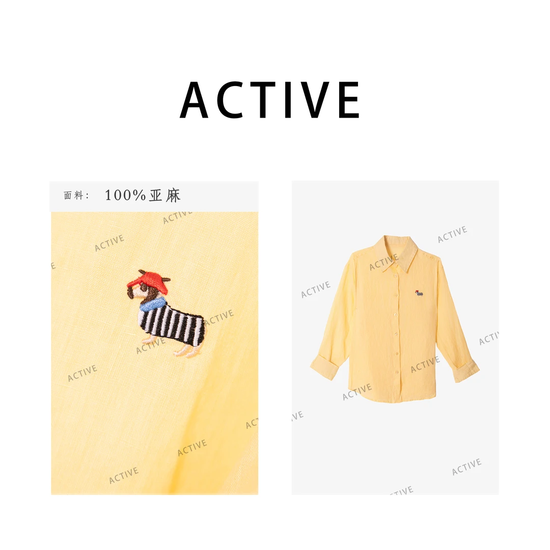 韩版宽松亚麻长袖衬衫女2025春季减龄卡通百搭刺绣上衣潮250101