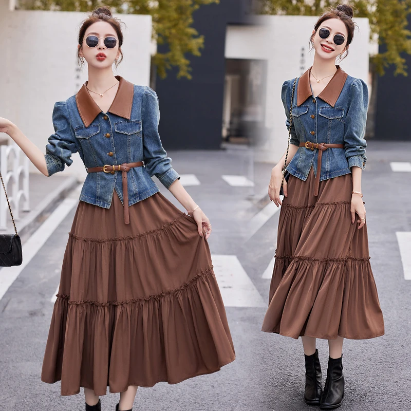 撞色翻领牛仔连衣裙套装女2025秋季新款长袖收腰显瘦半身裙两件套