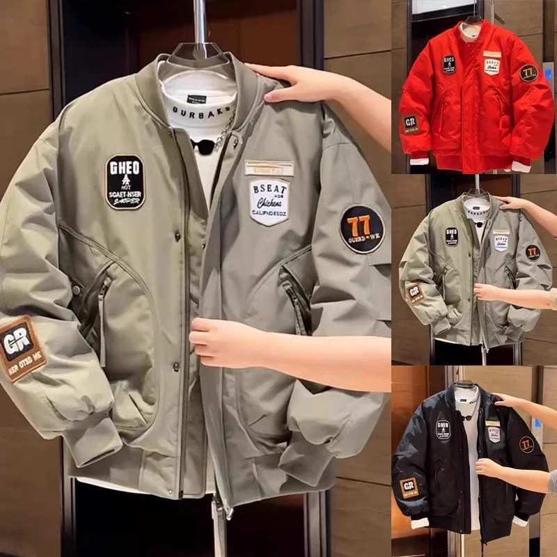 美式休闲痞帅男士工装保暖外套情侣款宽松百搭拼接徽章棒球服棉袄