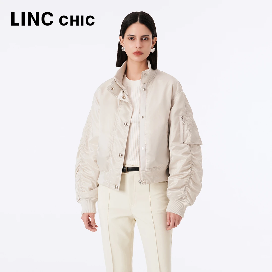 LINCCHIC金羽杰短款轻薄夹克缎面光泽羽绒服女装秋冬Y21801101