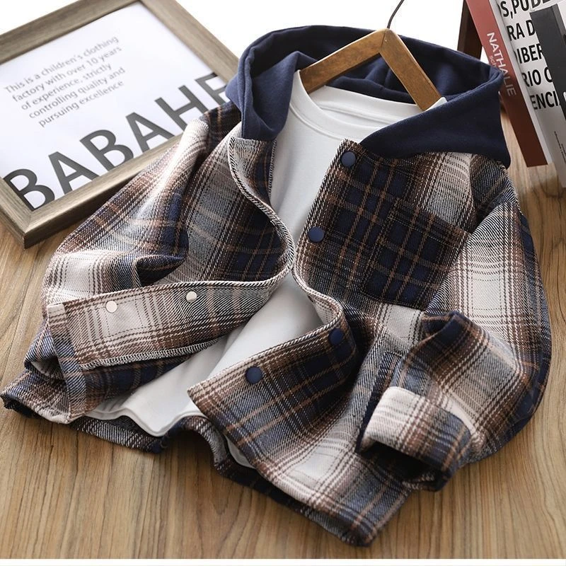 儿童春季外套2025新款格子连帽上衣时尚休闲韩版衬衫春秋男童长袖