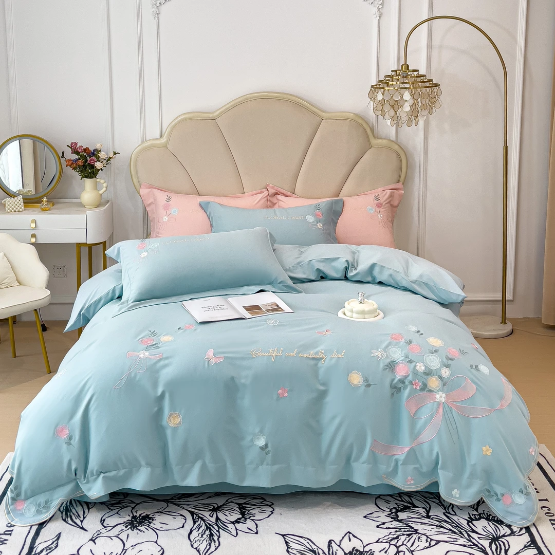 小清新 主卧高端绣花上档斜纹次刺绣亲肤南通家纺床上用品四件套