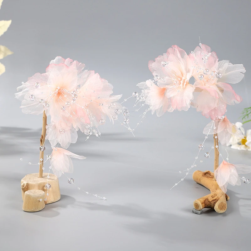 HF749手工女款儿童汉服头饰配饰古风步摇粉色簪花流苏发夹发饰