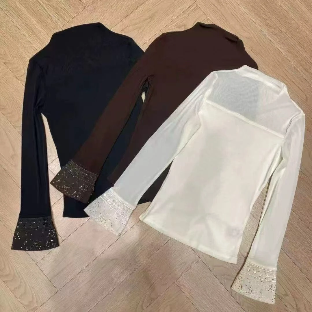 【锦衣服饰】ONM 7689韩系钉珠拼接植绒长袖网纱打底衫
