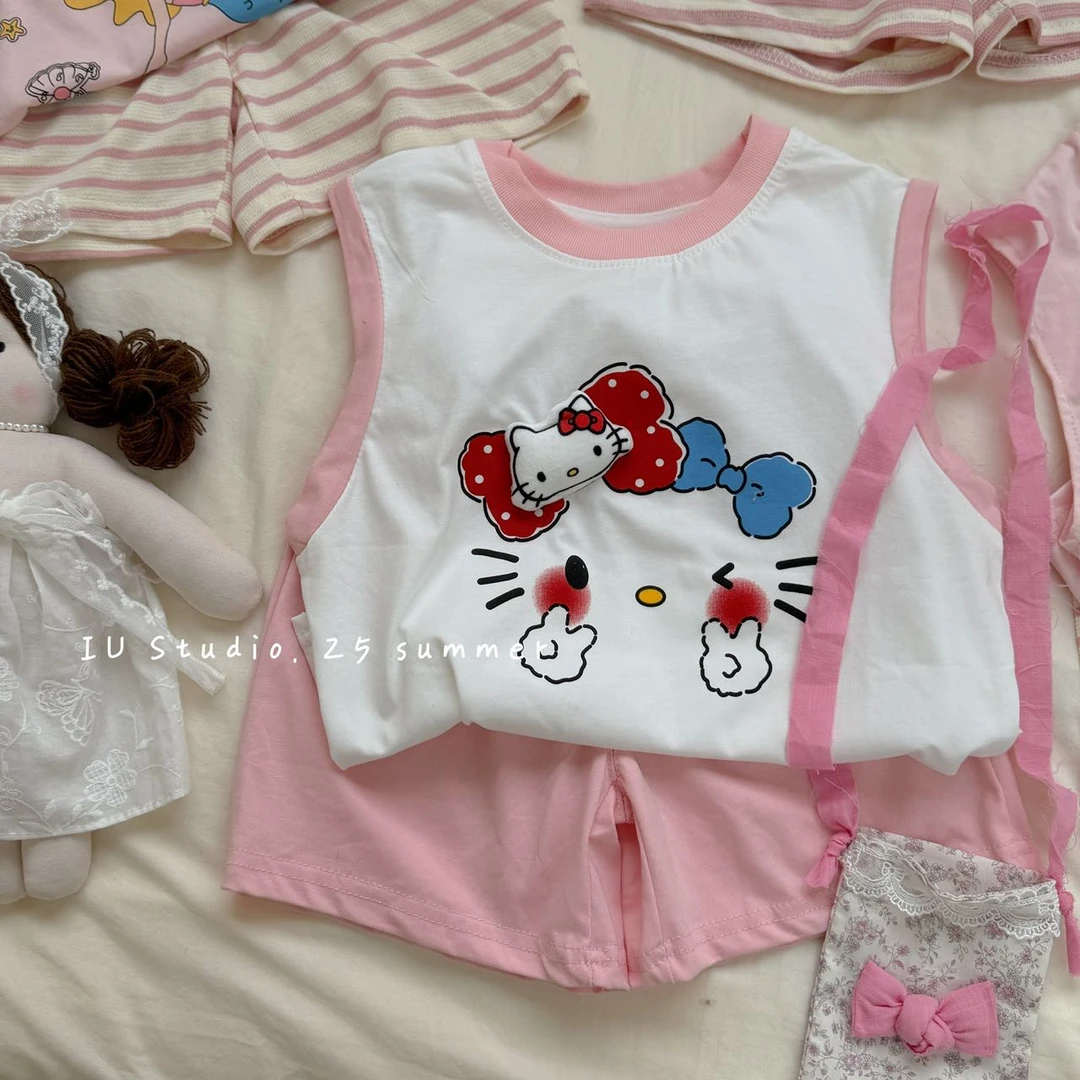 【艾柚】夏季新品韩版儿童舒适薄款卡通坎肩立体外出套装WY3740