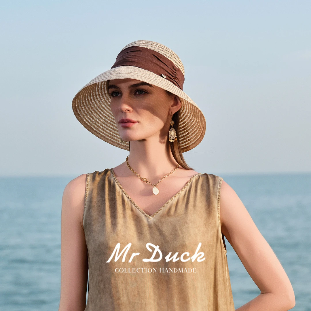 Mr DUCK轻奢质感 进口菲律宾透气亚麻遮阳帽女海边度假优雅防晒帽