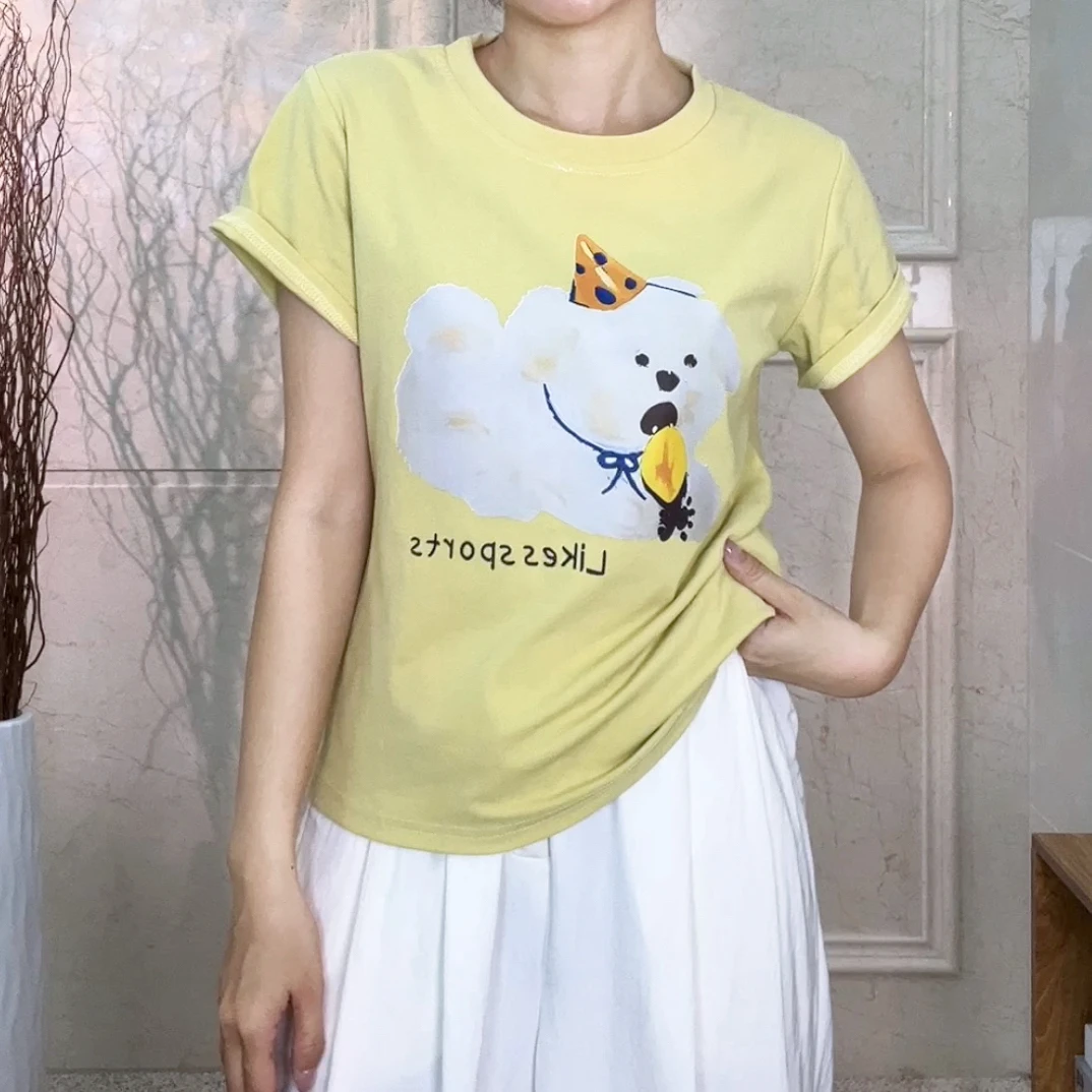 【番薯小狗】2025年夏季新品印花棉感正肩显瘦上衣