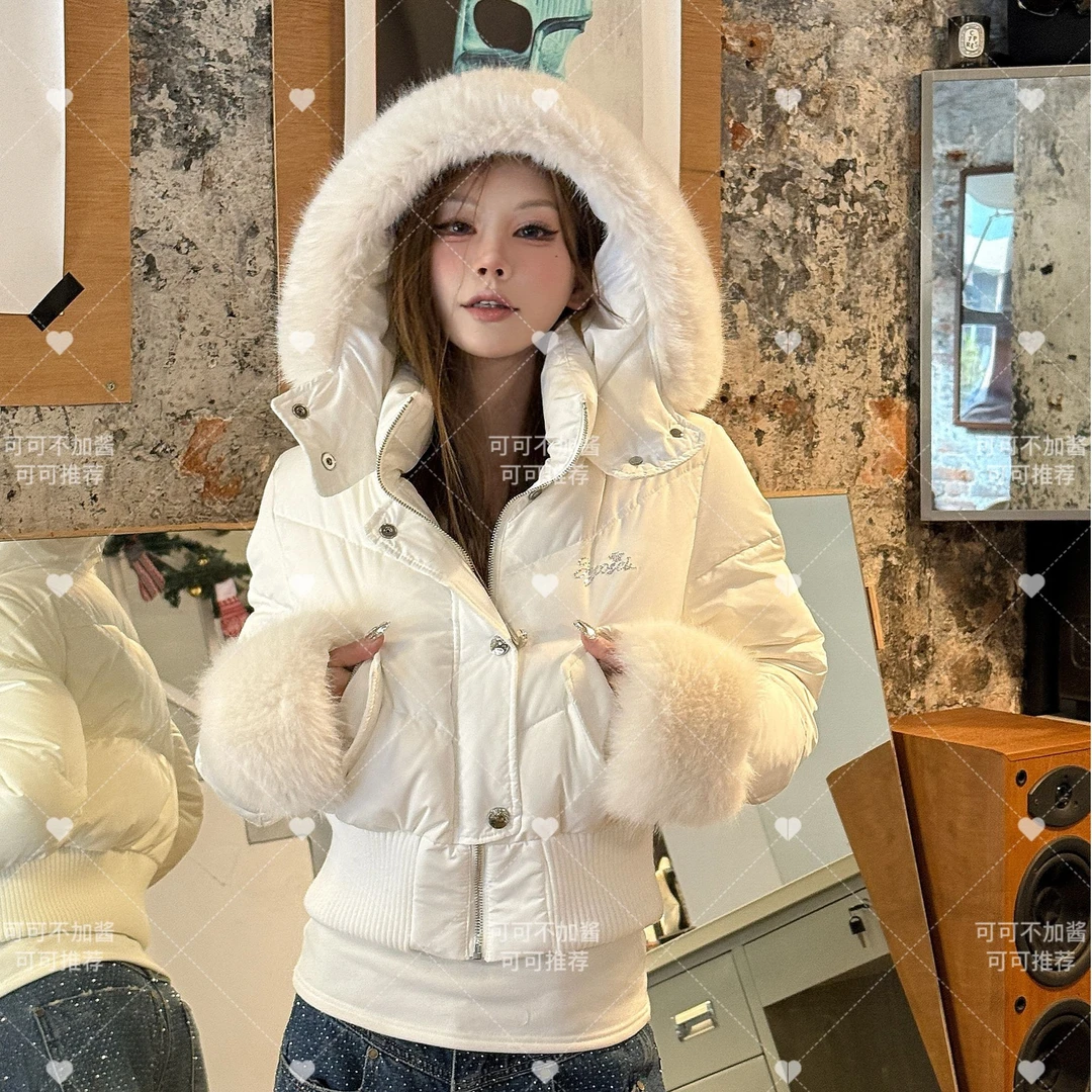 【可可推荐】【冬夜Y2K】白色短款收腰连帽羽绒服S519