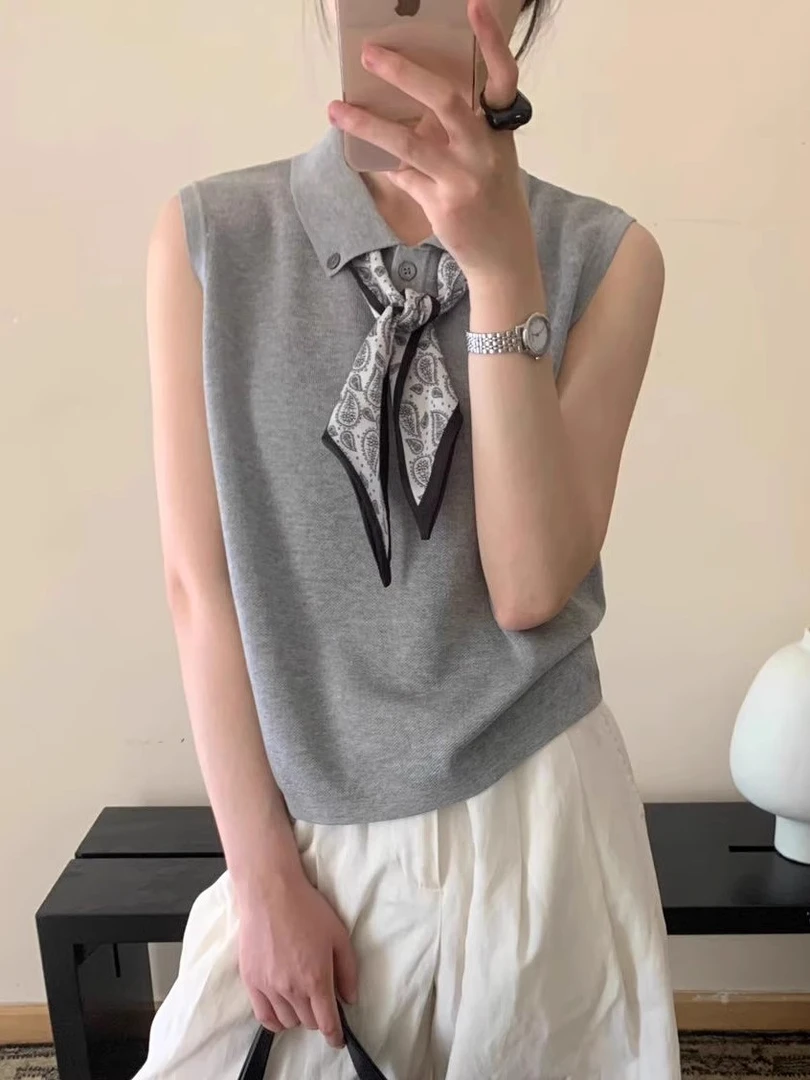 2025夏季新款韩版气质小翻领纽扣配丝巾薄款无袖针织衫上衣女T恤