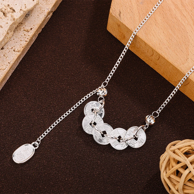 坠链均足银 民族风纳福五帝币项链