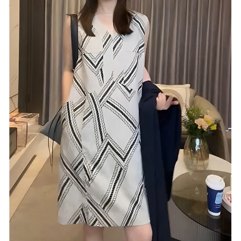 欧洲站复古不规则印花连衣裙女2025夏小众款背心裙独特超好看裙子