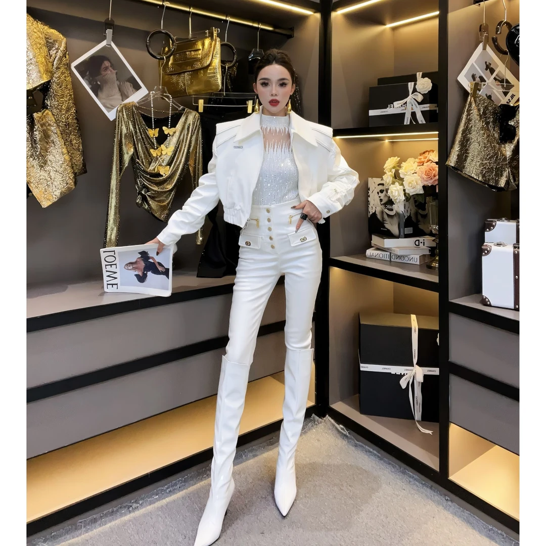 新wss女装-2025秋冬新款时尚设计感双链修身五扣显瘦加绒厚款皮裤