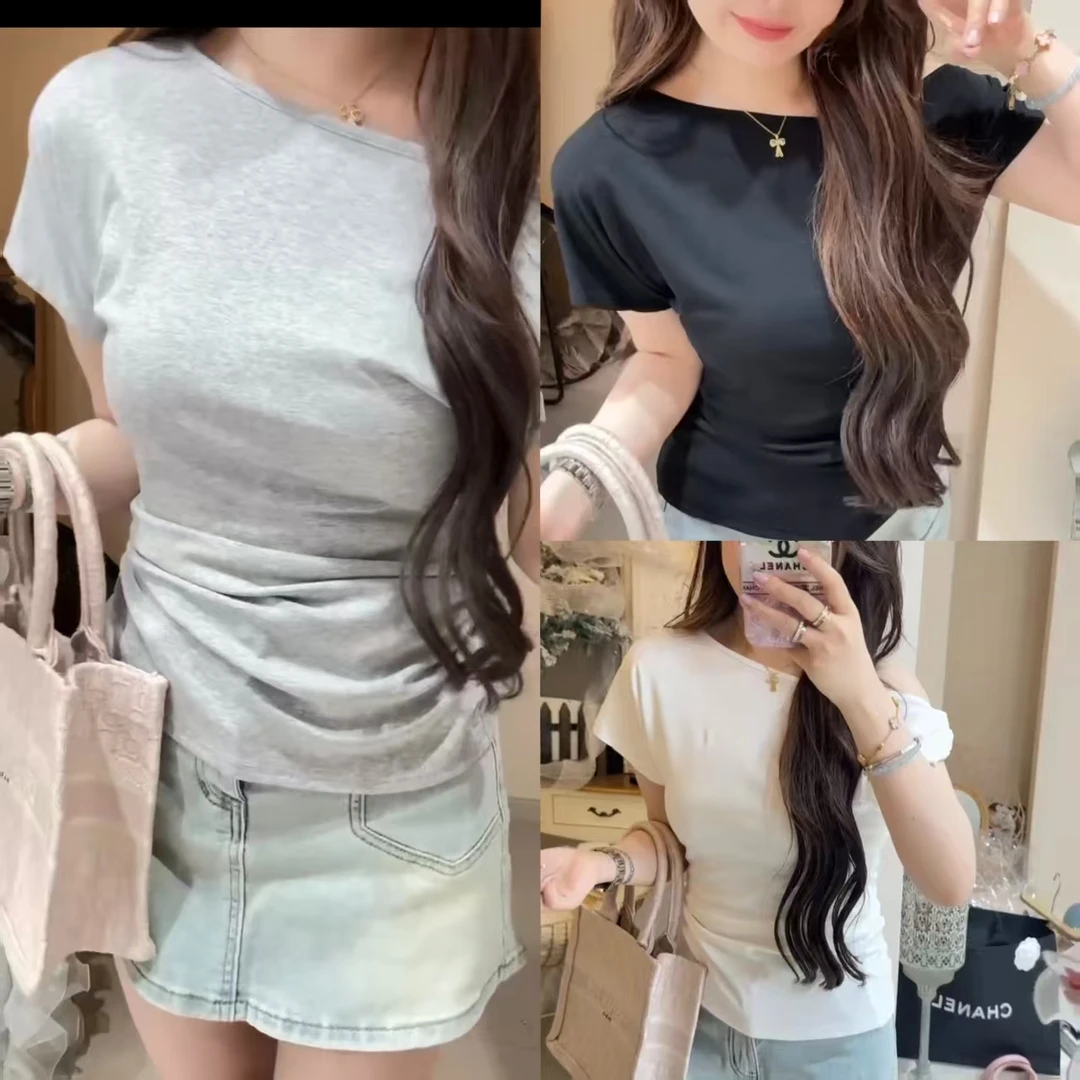 5103韩系轻熟风斜肩短袖上衣