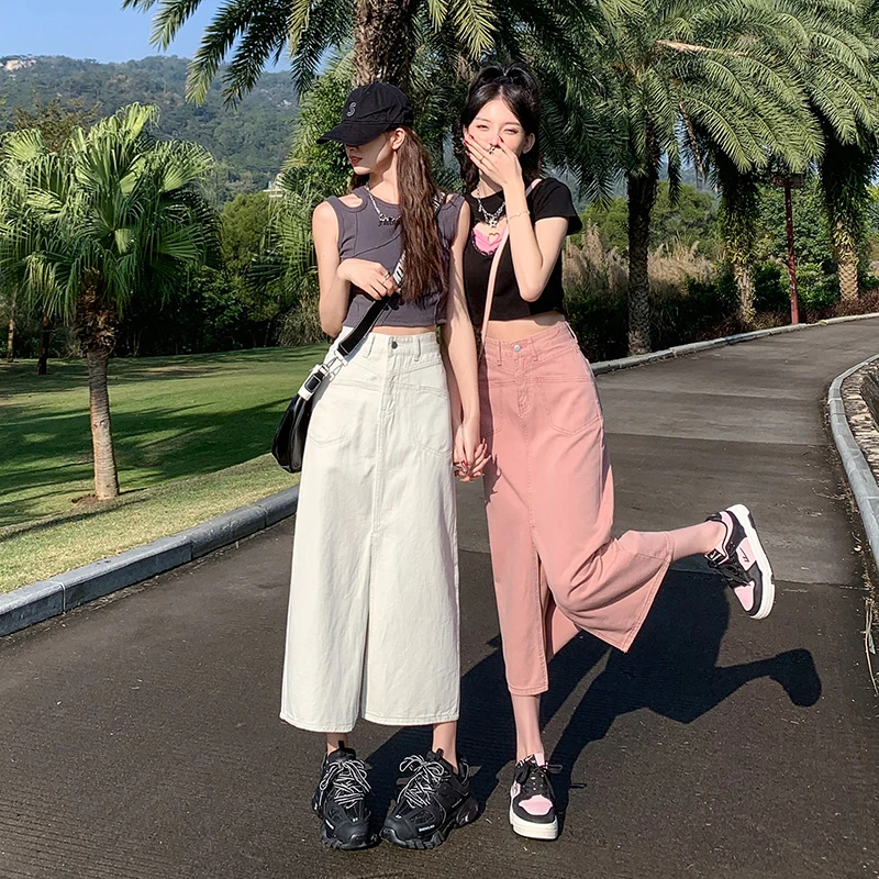 韩系甜酷百搭高腰半身中长裙女2025夏季新款多巴胺开叉a字裙子-1