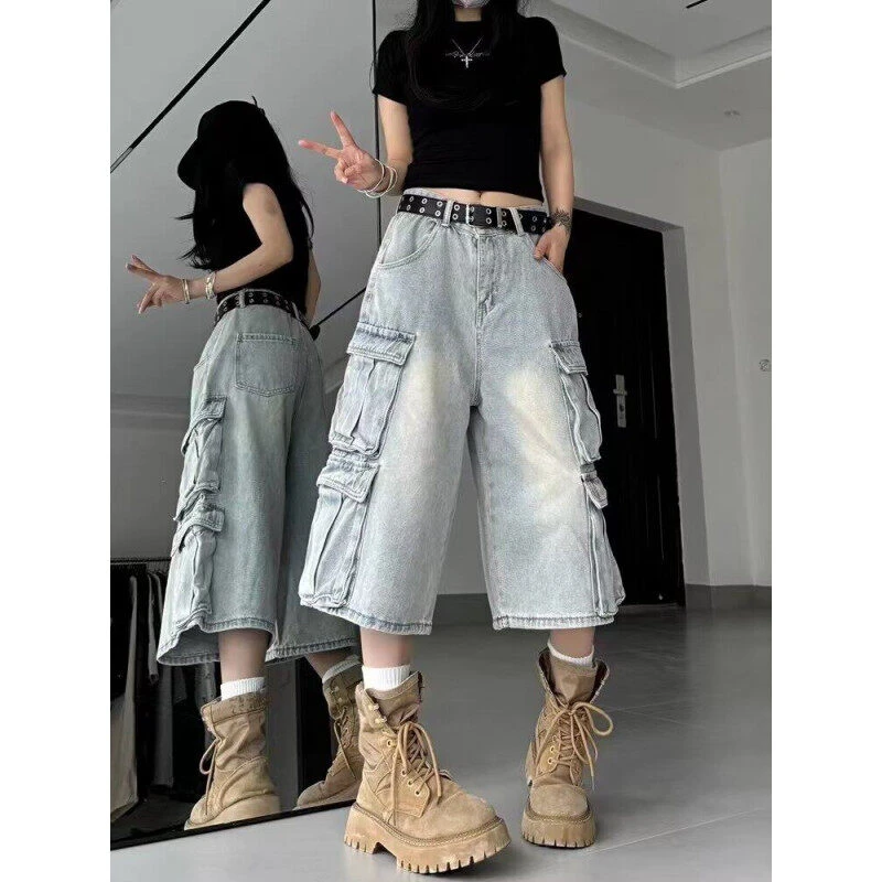 高街ins风大码阔腿七分牛仔短裤男夏季直筒宽松多口袋工装短裤潮