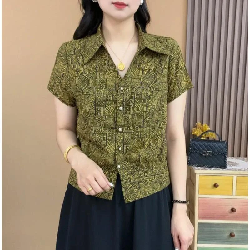 夏季新款时尚洋气翻领短袖衬衫印花显瘦减龄休闲中式气质百搭上衣