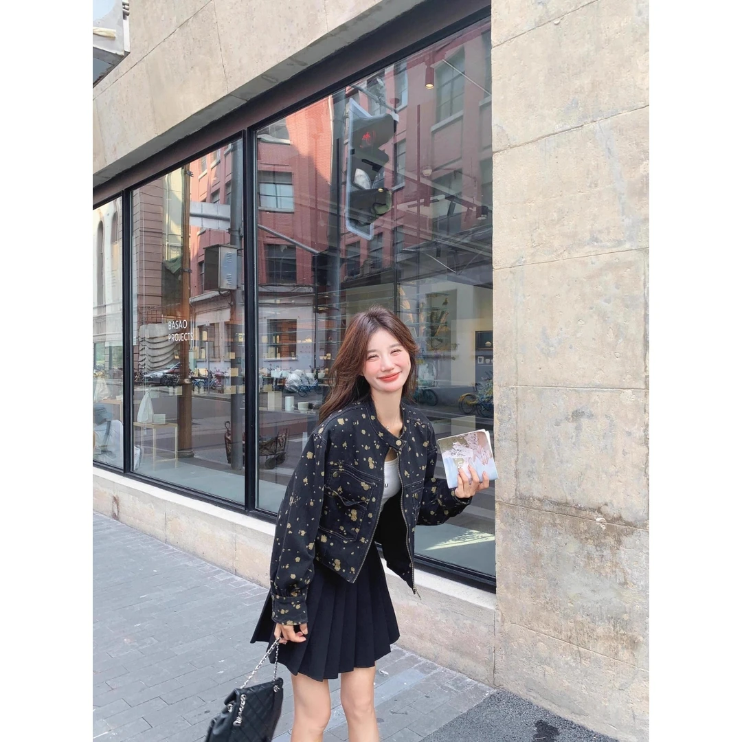 韩版气质时尚斑点黑灰色牛仔外套女2025春秋新款流行小个子上衣潮