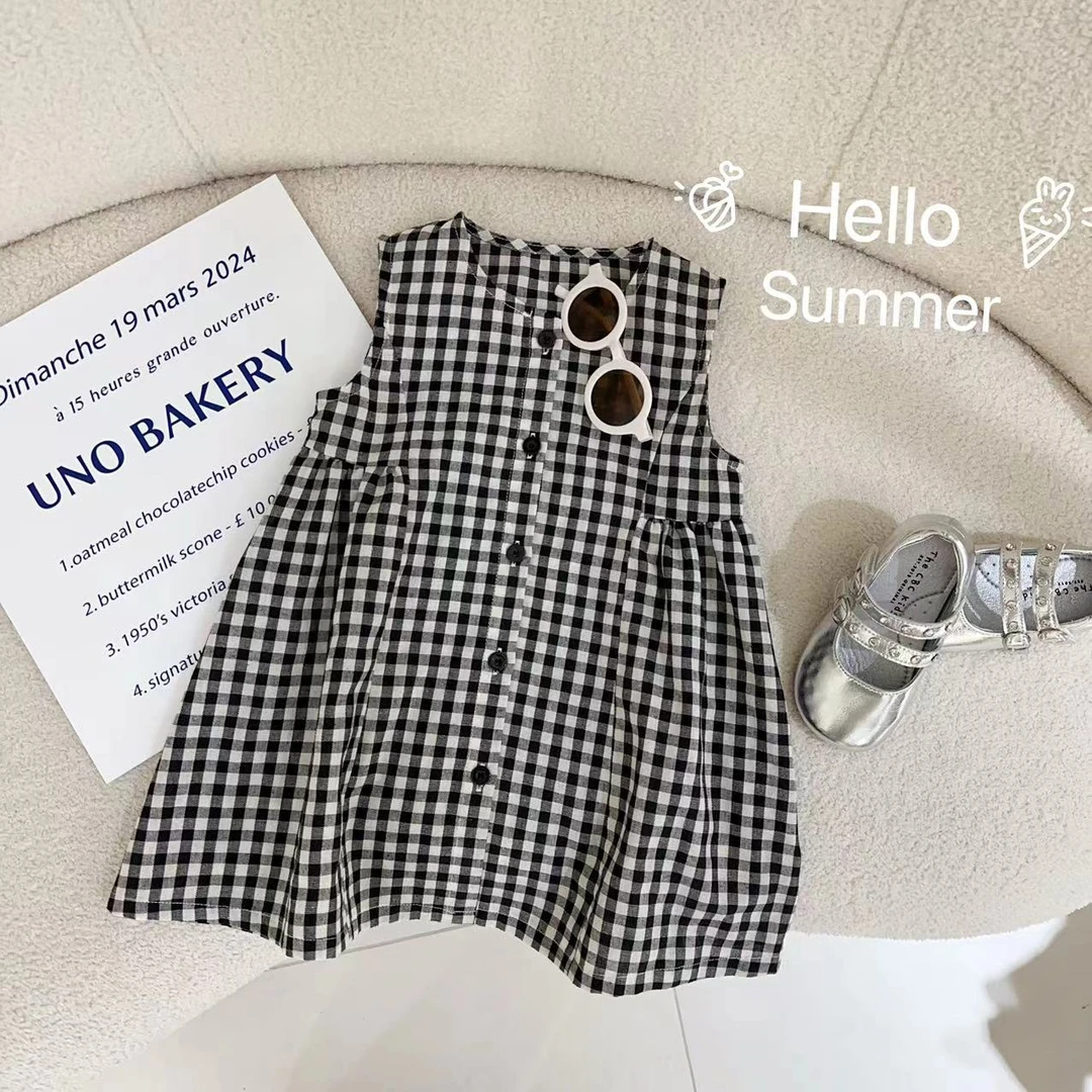 【时光手帐】汤圆家童装2025夏季韩系简约百搭格子连衣裙 YA-2165