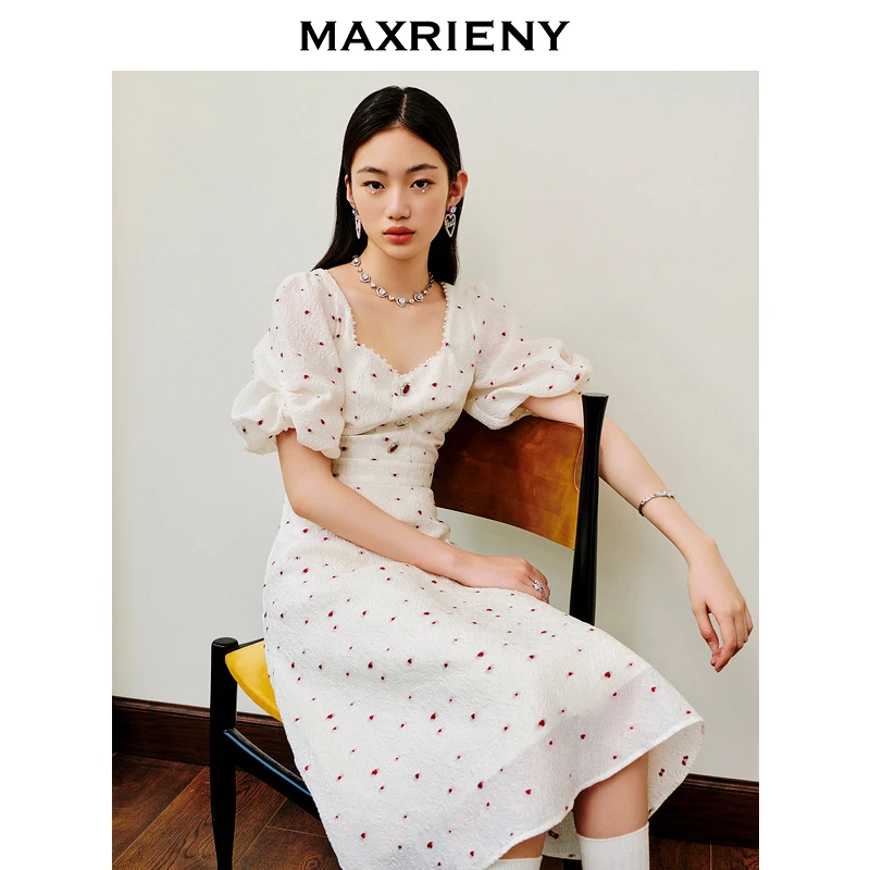 M-MAXRIENY茶歇法式连衣裙 夏季复古高腰修身连衣裙裙子