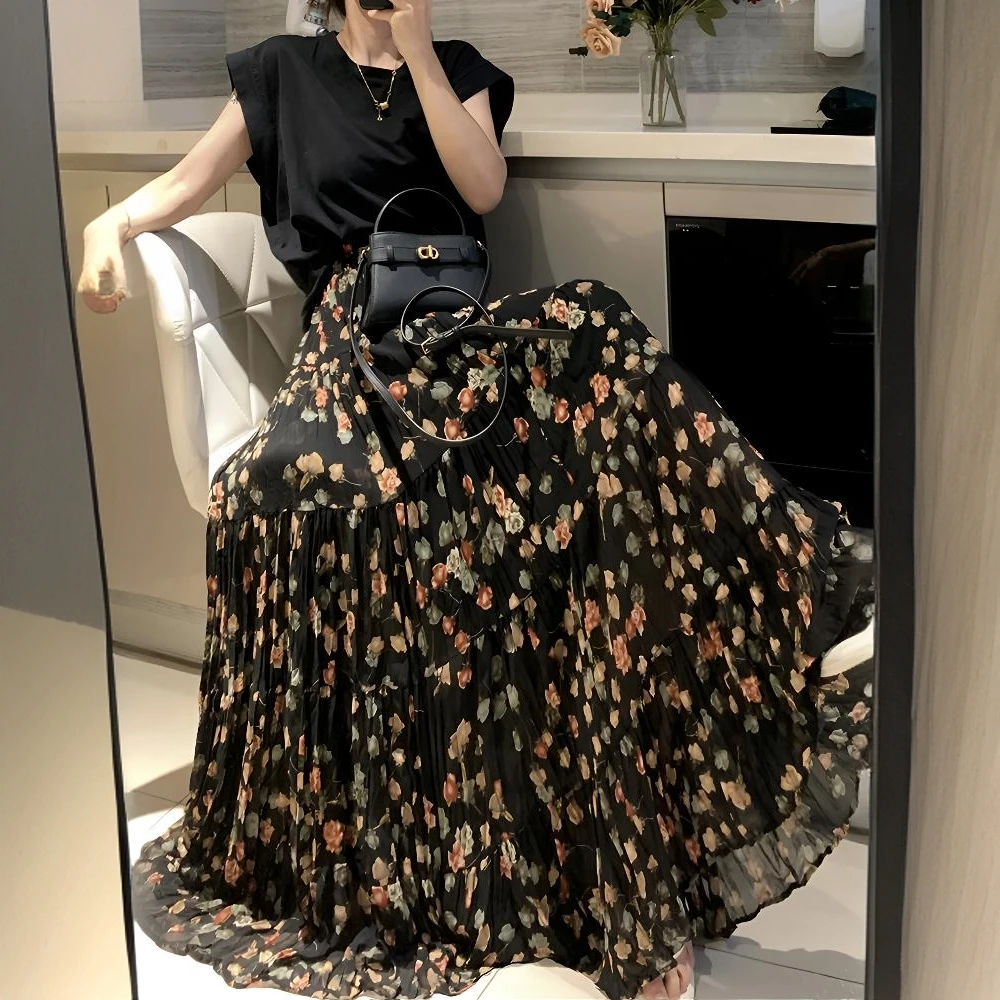 雪纺郁金香碎花半身裙女2025春夏季新款高腰显瘦大摆a字蛋糕长裙