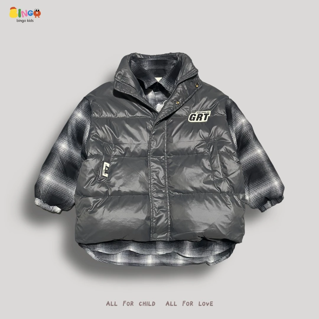 【4063】冬季儿童格子拼接羽绒服灰色