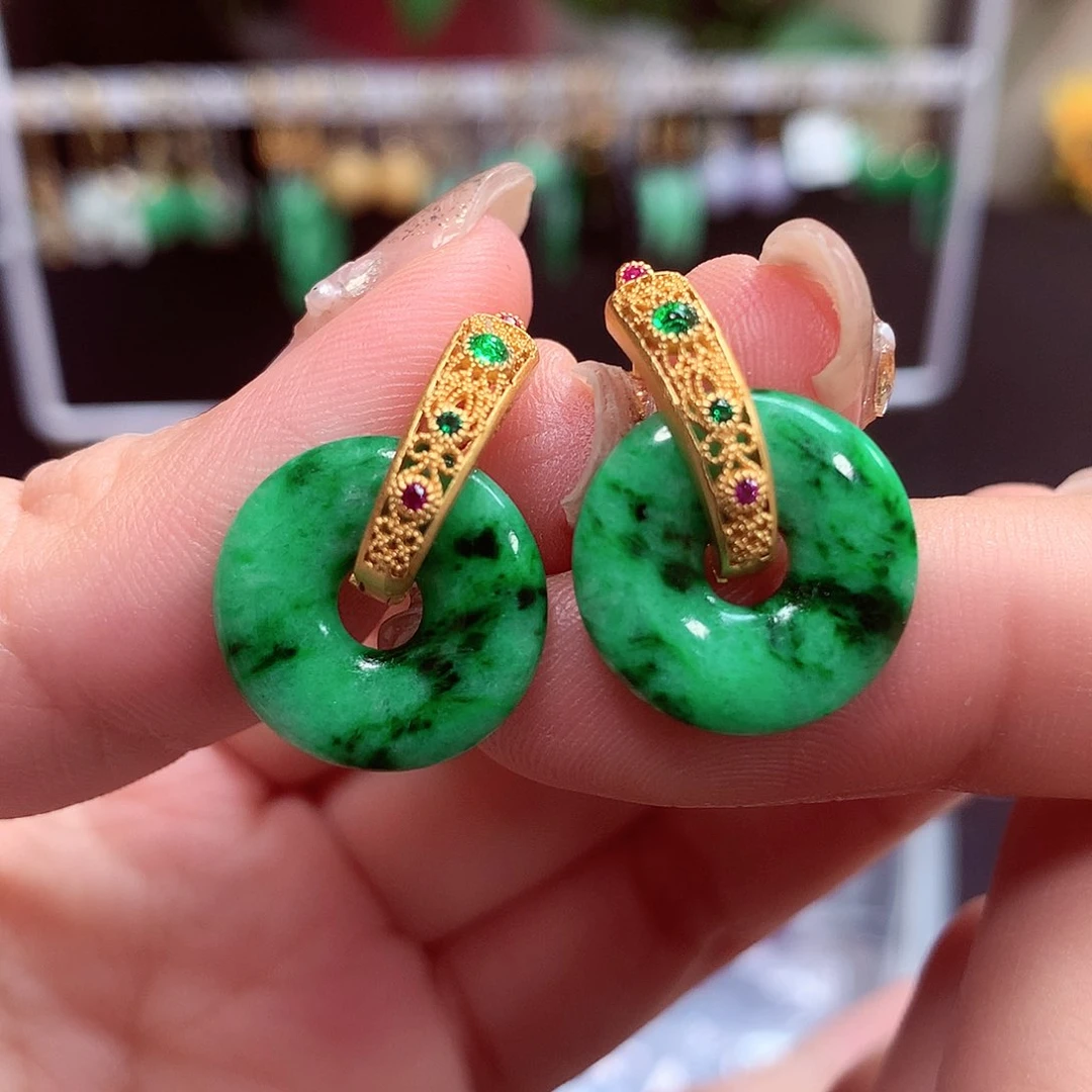 翡翠耳饰银S925镶嵌天然翡翠