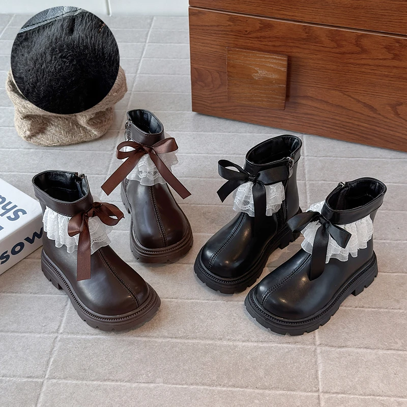 女童马丁靴秋冬新款儿童蕾丝边公主靴潮流加绒短靴小女孩保暖皮靴