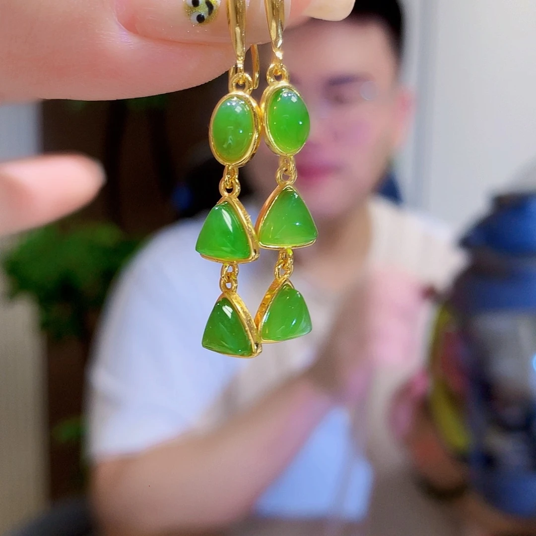 和田玉（碧玉）银S925镀金镶嵌耳饰