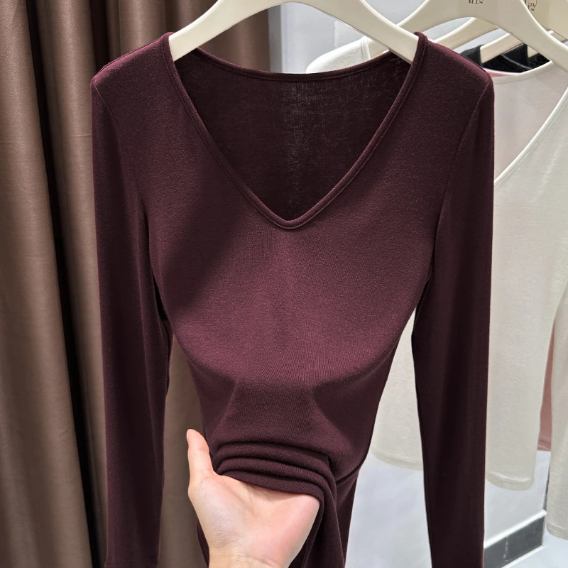 安可拉红V领正肩长袖t恤女2025春秋新款修身显瘦内搭洋气休闲上衣