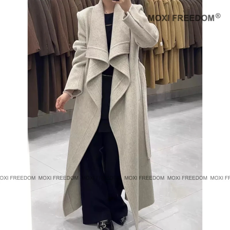 【波尔多德】25年秋冬新款正肩腰带款休闲中长款双面羊毛大衣外套女